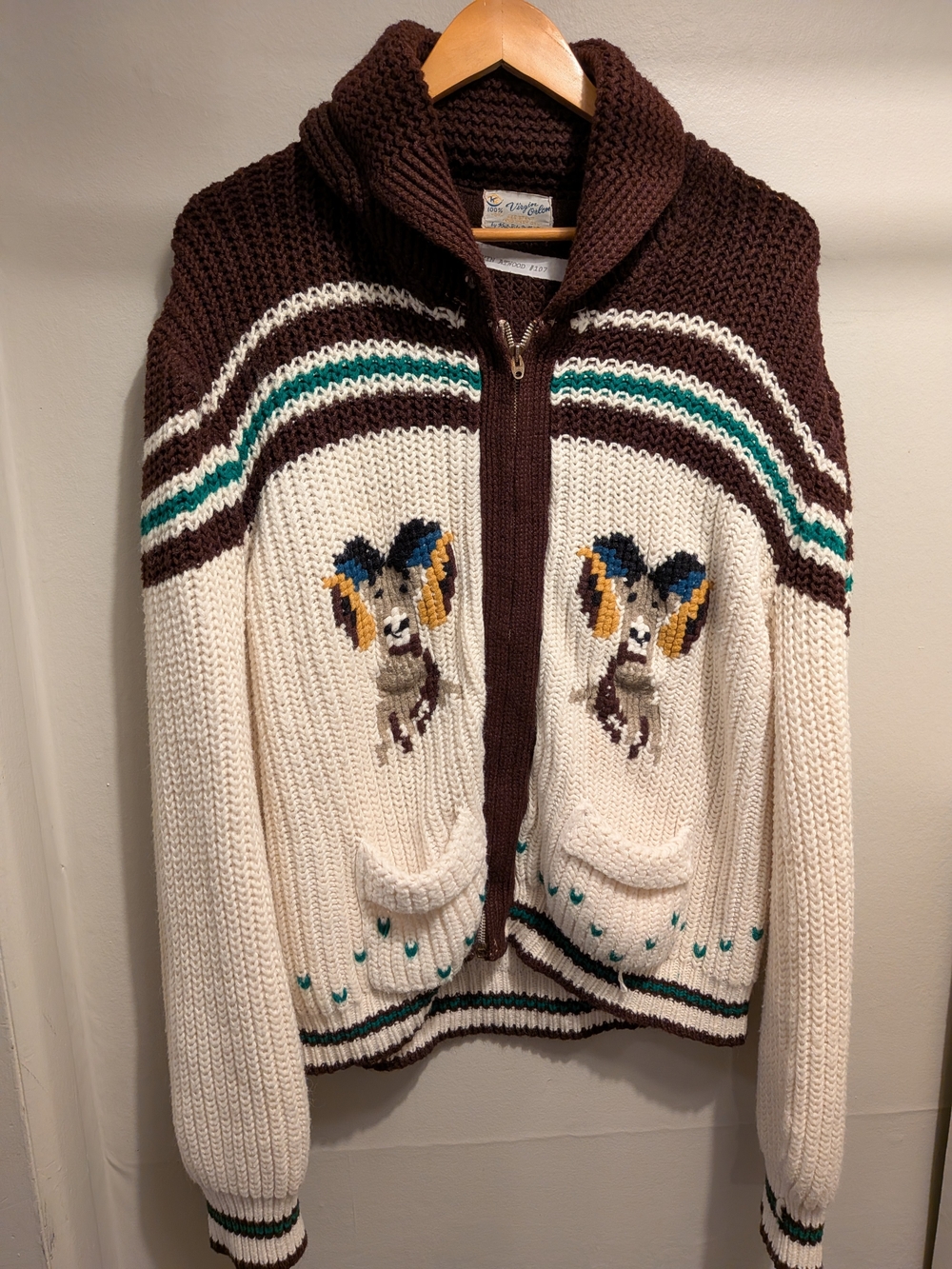 Vintage Virgin Orlon Hand-Knit Cream and Brown Zip-Up Sweater with Ram Motif